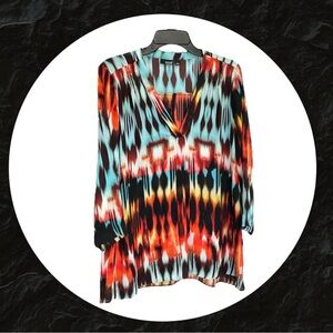 A.N.A. Multicolor Turquoise Red Orange Brown White Abstract Blouse Women Large